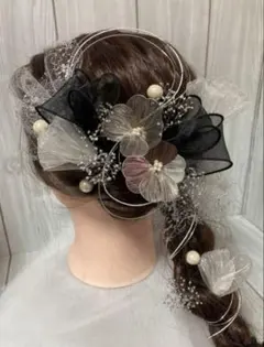 再販ヘッドドレス　ドライフラワー　髪飾り　リボン　結婚式　成人式　卒業式　白黒銀