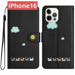 手帳型スマホケースiPhone16（ネコのお散歩/ブラック)iPhoneケース3のサムネイル