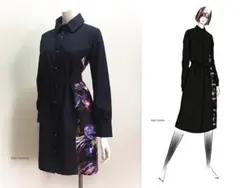 【1点もの・デザイン画付き】ウールシルクシワ加工＆綿ジャガードシャツ型ワンピース