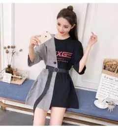 アシメ ワンピース tシャツ ビッグt チェック 夏 韓国 レディース ベルト