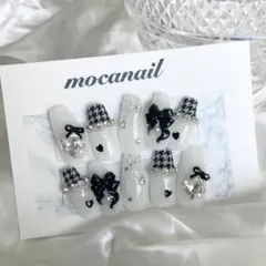 【現品】ネイルチップ 量産型 ワンホン リボン 韓国 ブラック ハート 千鳥柄
