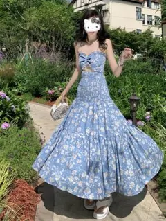 花柄マキシドレス 青