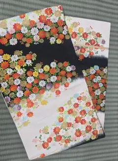 花柄 袋帯 白黒　六通柄