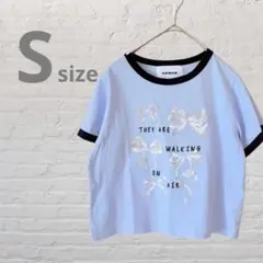 nemne 水色 リボンプリント 半袖リンガーTシャツ S クロップド丈