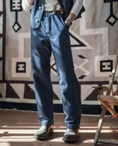 ウォバッシュ　パンツ　ストライプ　デニム　サスペンダー　M　30　31