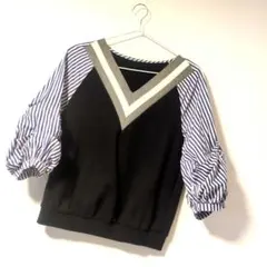 異素材スウェットトップス　Vネック　七分袖