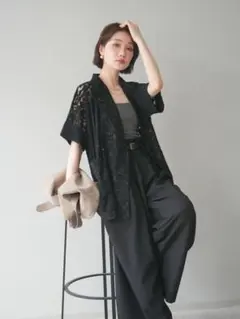 【数量限定SALE】フラワーレース半袖ジャケット/BLACK リュミエ　同型