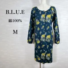美品★B.L.U.E シャツワンピース　花柄　ウェスト絞れる　M 綿100