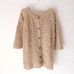 USED 古着 ベージュ お花 クロシェ かぎ編み ハンド ニット カーディガン