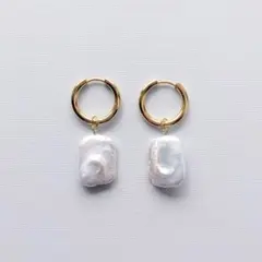 スクエア淡水パールの1粒ピアス/イヤリング/イヤーフック