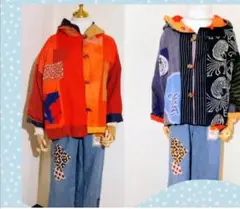 紅花染めと古布/ 藍染め/久留米絣/型染め　リバシブルパーカー　L〜3L