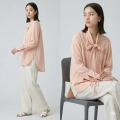 ウジョー UJOH 長袖シャツ ブラウス サイドリボン フリル ピンク 日本製のサムネイル