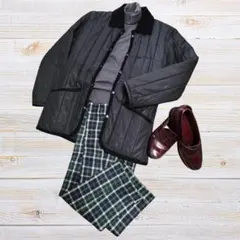 美品 グリーンレーベルリラクシング ウールスラックス M タータンチェック緑紺白