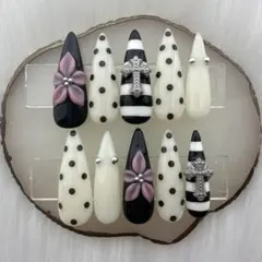 314 クロム 韓国 シズニ 十字架 ドット ロング ニュアンス ネイルチップ