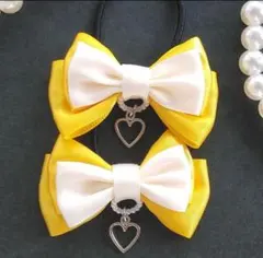 SALE(148) ダブルサテンリボン ヘアゴム♡ ハンドメイド 黄色 やまぶき