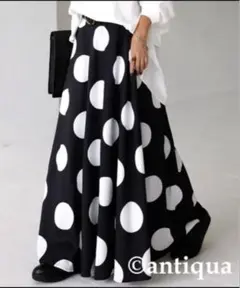 ドット柄フレアロングスカート ブラック/ホワイト