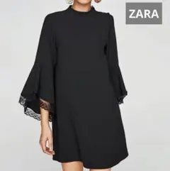 ZARA　ワンピース　ドレープレース袖ワンピース　ブラック　ザラワンピース
