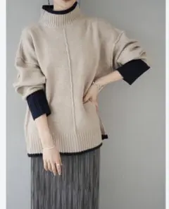 新作✴︎リュミエ✴︎配色ハイネックニットプルオーバー/ベージュLumier