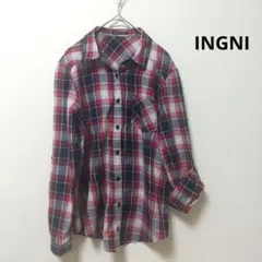 即購入OKイングINGNI綿１００%チェック長袖シャツロールアップ可能M赤系