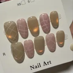 ネイルチップ 海外製 ハンドメイド M ピンク ベージュ シンプル チェック