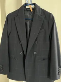 ネイビー ブルー チェック柄 ダブルブレスト スーツジャケット