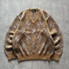 古着 Ｖネック ニットセーター 総柄デザイン M