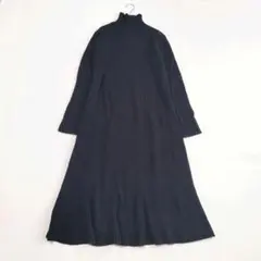 【美品✨】チノ リブニットワンピース ウール100% ロング フレア ネイビー