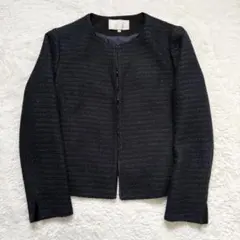 【美品】自由区 ノーカラージャケット カラミ織 ネイビー 38