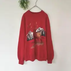 ジャージーズ［L］80s◎USA製◎ビッグトナカイプリント◎裏起毛スウェット