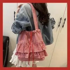 トートバッグ ギンガムチェック フリル マザーズバッグ 韓国 赤 エコバッグ