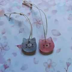 猫型ヘアゴム チャーム ブルーグレー ピンク 2個セット