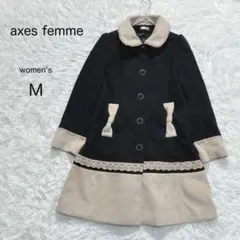 【axes femme】配色 丸襟 レース リボン コート 黒×ベージュ