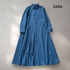 ZARA ザラ プリーツ切り替え ワンピース ネイビーブルー Sサイズ 美品
