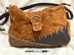 ★美品!!スエード×レザー風の茶系ショルダーバッグ・34㎝×23㎝×9㎝★