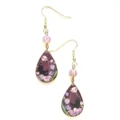 和風　ワインレッドラメ　チューリップと黒猫　雫　ピアス　大