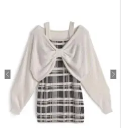 リボンシャギートップス×チェック柄キャミソールミニニットワンピースニットセット