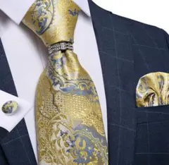 【4点セット】ネクタイペイズリーストライプ結婚式成人式黄色イエロー銀シルバー