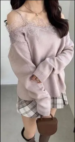 グレイル　花柄レースオフショルダーニットトップス