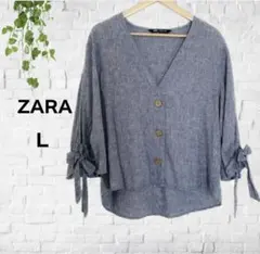 ZARA ザラ　バンブーコットン　リネン　麻　Vネックシャツブラウス　羽織ブルー