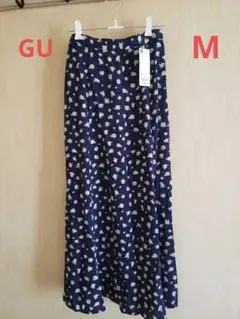 GU　プリントフレア　ロングスカート　フラワー　M　ネイビー