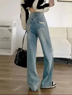 ハイウエストライトブルーストレートデニムダメージジーンズshein