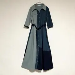 レディアゼル ロングシャツワンピース フレアワンピース バイカラー 緑×紺 M