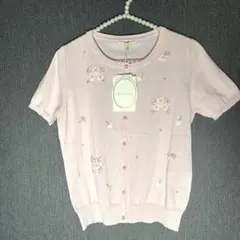 新品未使用　Aveniretoile 花柄刺繍 ピンク半袖カーディガン ビジュー