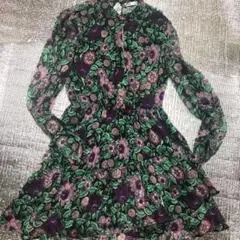 最終　新品　ZARA 時計草柄　パープル系　ジョーゼットワンピース