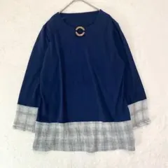 長袖チュニック◆異素材ドッキング 切り替え チェック柄 ゆったり ストレッチ性