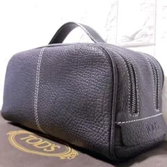 【未使用】トッズ セカンドバッグ ダブルファスナー ステッチ 型押し 黒 メンズ