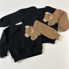 クマ刺繍付き黒トレーナー オソロコーデ　100 120