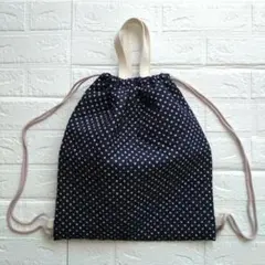 ハンドメイド　ナップサック持ち手付　ネイビー×ピンクドット　シンプル　水玉