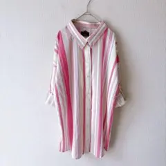 Z新品【DaTuRa】ストライプシャツ F ピンク ロールアップ袖 薄手 羽織のサムネイル