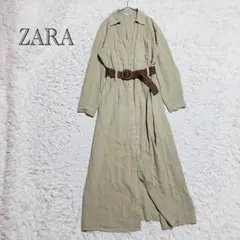 ザラ　シャツワンピース　ロング　リネン混　カーキ系　ベルト付　オフィスカジュアル